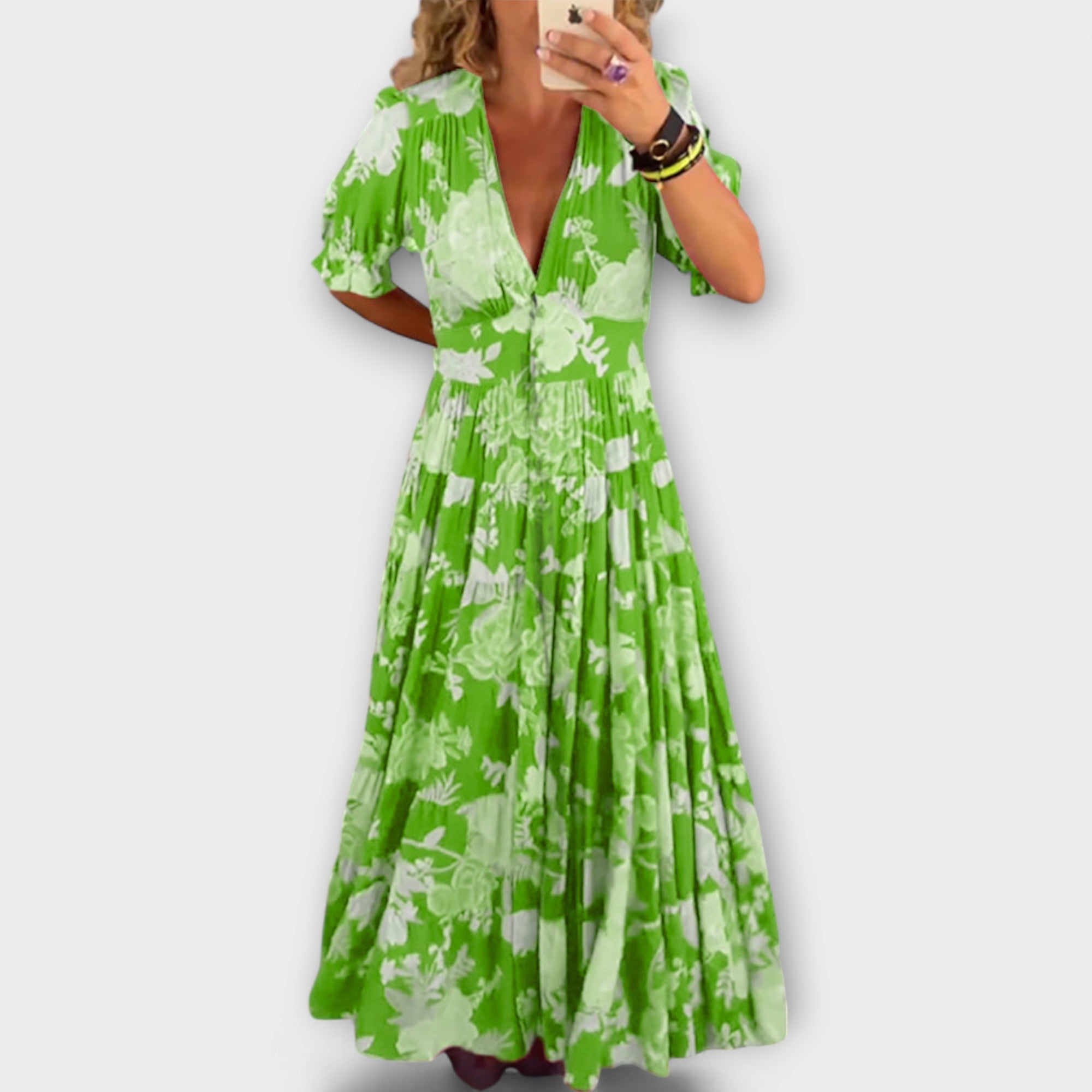 Catrisa - Virágmintás ruha V-nyakú kivágással és zsebekkel