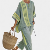 Len-bambusz szett bájos levendulával és sárga csíkkal