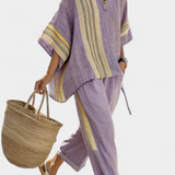 Len-bambusz szett bájos levendulával és sárga csíkkal