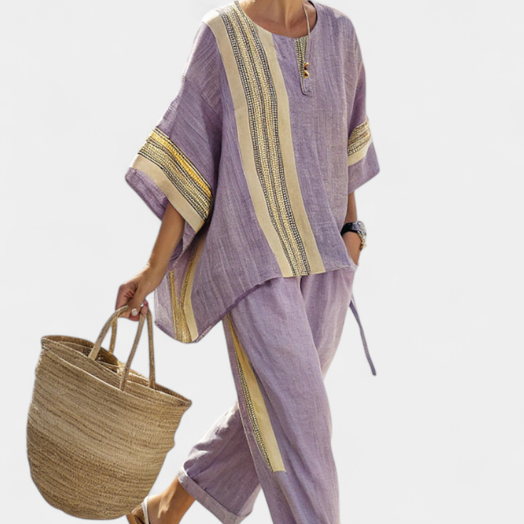 Len-bambusz szett bájos levendulával és sárga csíkkal