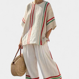 Mediterrán Laika szett bambusz vászonból elegáns piros és zöld csíkokkal