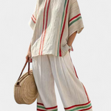 Mediterrán Laika szett bambusz vászonból elegáns piros és zöld csíkokkal