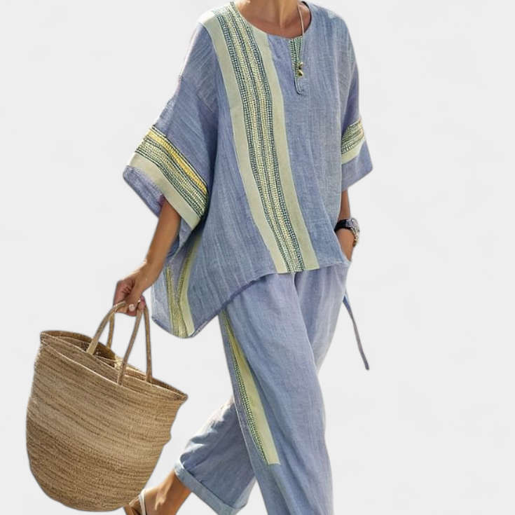 Len-bambusz szett bájos levendulával és sárga csíkkal