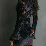 Grazia - Mini Slim-fit Velúr Ruha Virágmintával és Csipkével