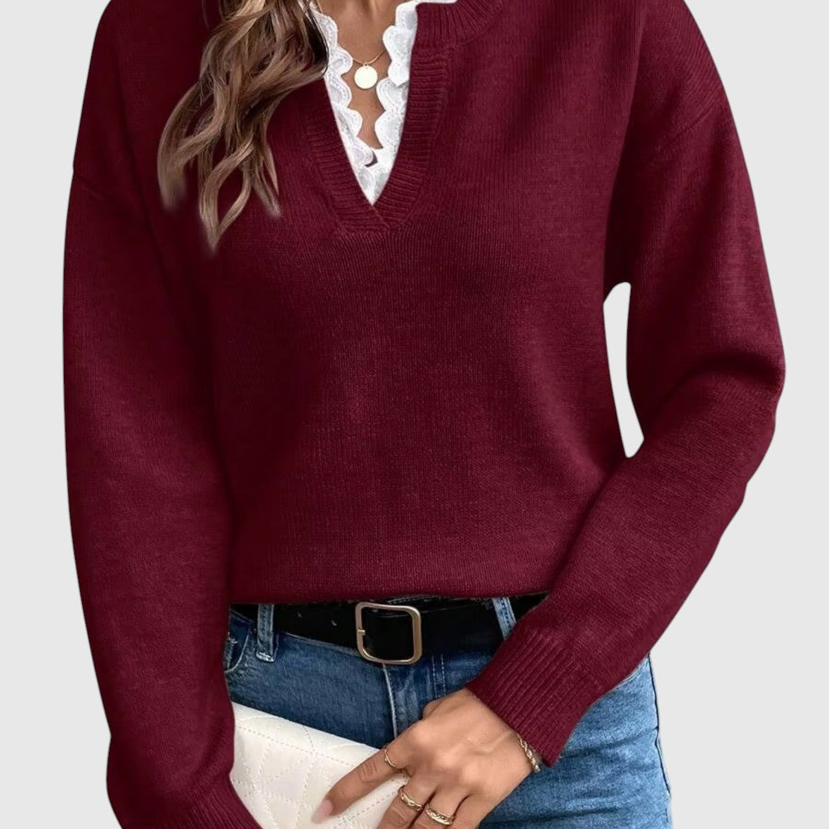 Karolina – Prémium pulóver V-nyakú csipkével